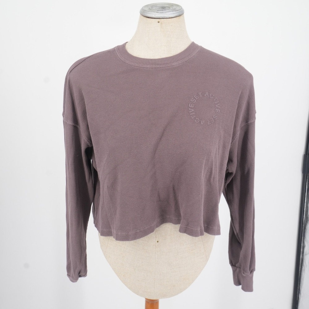 SET ACTIVE Thermal Top Women S Mauve Brown Waffle Knit Cropped Long Sleeve Logo